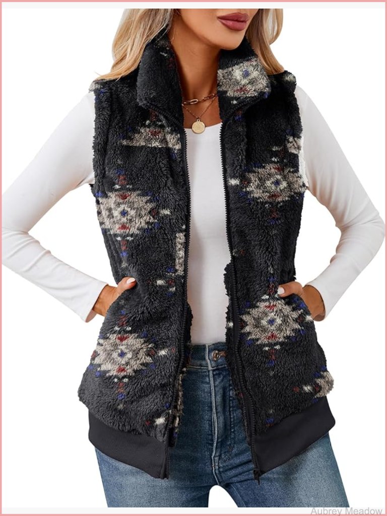 Womens Fleece Zip Up Vest Sleeveless Sherpa Jacket With Pockets